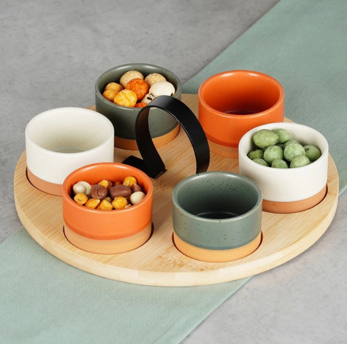 Set servire 7 piese Excellent Houseware, ceramica/bambus, 24x12 cm, multicolor [3]