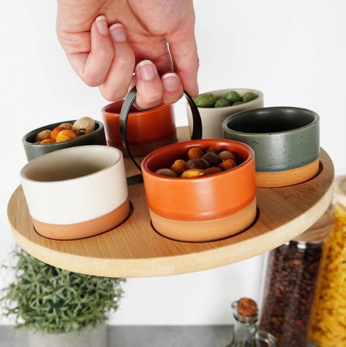 Set servire 7 piese Excellent Houseware, ceramica/bambus, 24x12 cm, multicolor [5]