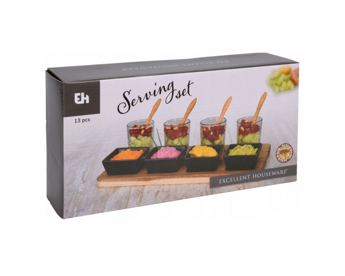 Set servire tapas Excellent Houseware, acacia/portelan, 30x15x1.5 cm, maro/negru [2]