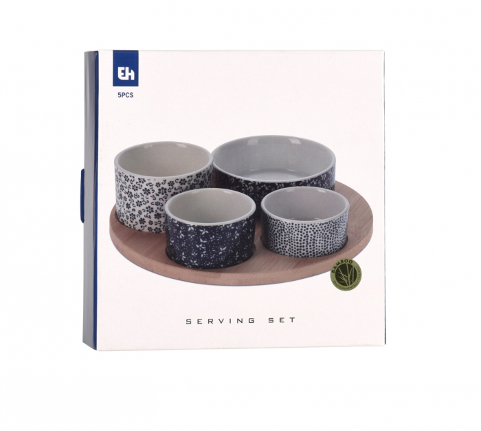 Set servire tapas Excellent Houseware, bambus/portelan, 22x1 cm, alb/albastru [4]