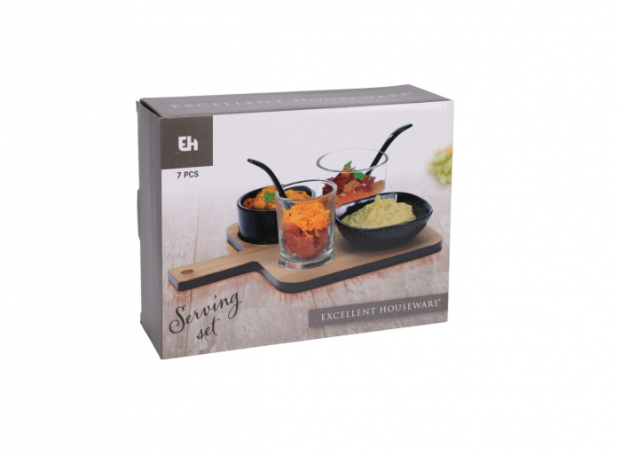 Set servire tapas Excellent Houseware, bambus/portelan, 22x17x6.6 cm, maro/negru [2]