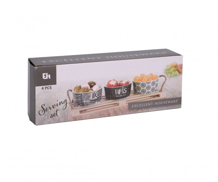 Set servire tapas Excellent Houseware, lemn/portelan, 28.5x10x1.5 cm, alb/negru [2]