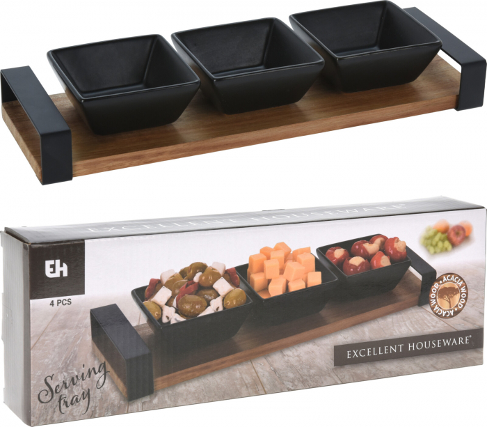 Set servire tapas Excellent Houseware, ceramica/bambus, 32x10x4 cm, negru/maro [2]