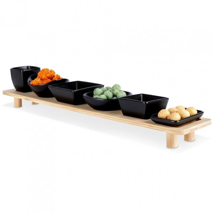 Set servire tapas Excellent Houseware, ceramica/bambus, 50x8.5x9 cm, negru/maro [4]