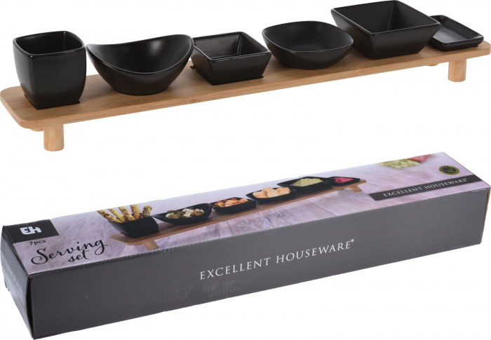 Set servire tapas Excellent Houseware, ceramica/bambus, 50x8.5x9 cm, negru/maro [5]