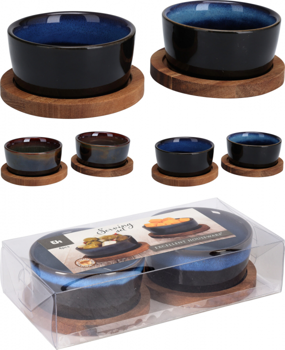 Set servire tapas Excellent Houseware, ceramica/lemn, 9x3.5 cm, albastru [3]