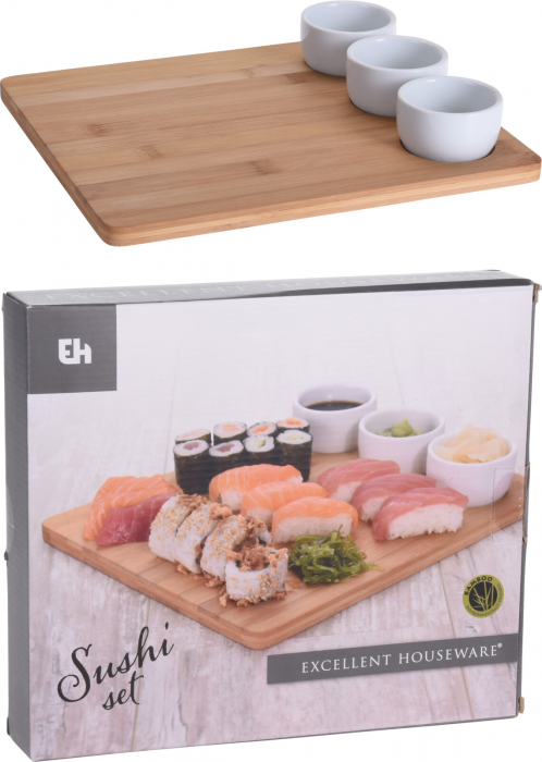 Set sushi 4 piese Excellent Houseware, bambus/portelan, 28x24 cm, maro/alb [3]