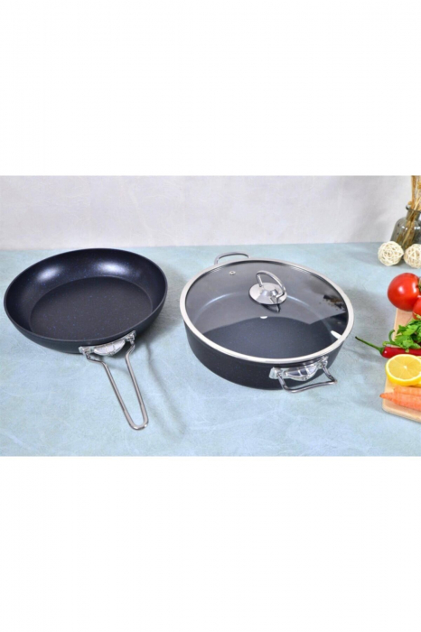 Set tigaie si cratita 3 piese OMS, aluminiu/granit, negru [7]