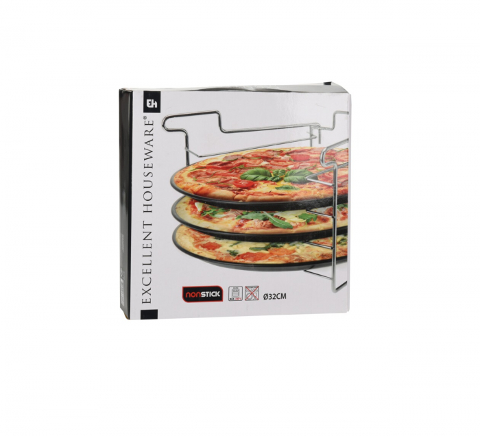 Set trei tavi pizza Excellent Houseware, otel carbon/cromat, 30x19 cm, negru/argintiu [2]
