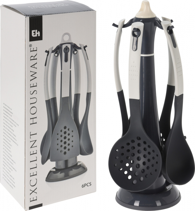 Set ustensile bucatarie cu suport Excellent Houseware, nylon/plastic, 20x39.5 cm, negru/crem [4]