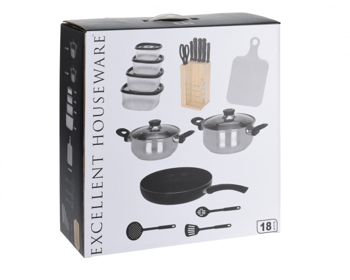 Set vase si ustensile bucatarie Excellent Houseware, otel inoxidabil, 18 piese, multicolor [2]