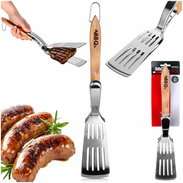 Spatula-cleste pentru gratar BBQ, otel inoxidabil/lemn, 40 cm, argintiu/maro [8]