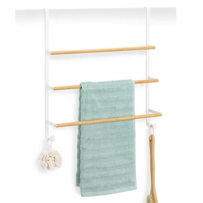 Suport prosoape pentru usa Zeller, metal/bambus, 51x13x56 cm, alb [2]
