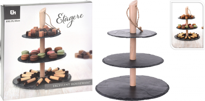 Suport servire cu 3 nivele Excellent Houseware, ardezie, 30/25/20x36 cm, negru/maro [2]