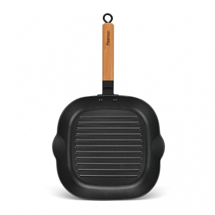 Tigaie grill Fissman, fonta emailata/lemn, 28x28x3 cm, albastru [3]