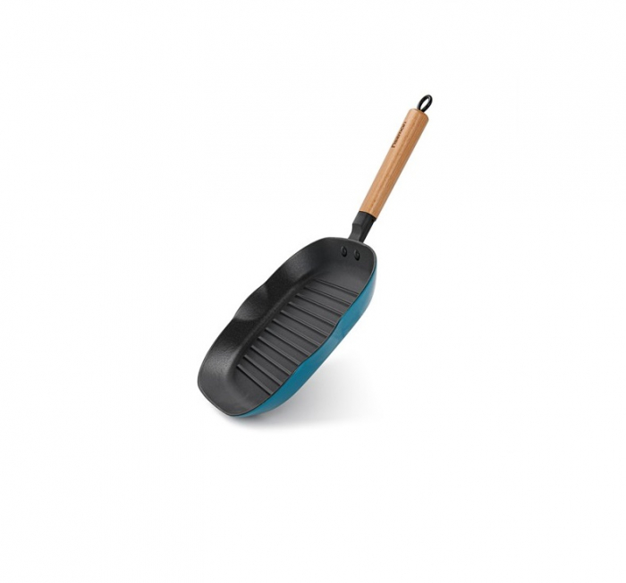 Tigaie grill Fissman, fonta emailata/lemn, 28x28x3 cm, albastru [2]