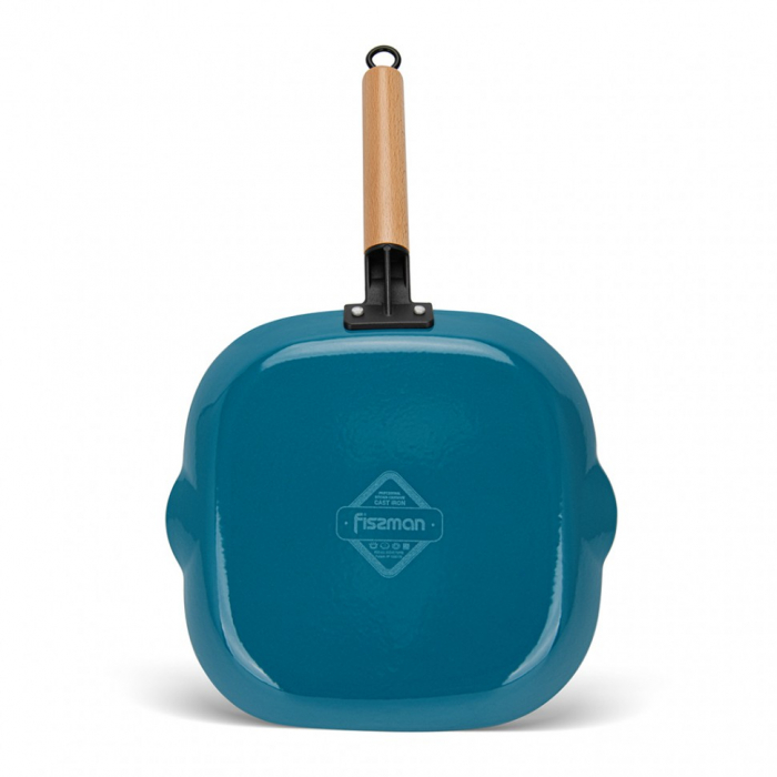 Tigaie grill Fissman, fonta emailata/lemn, 28x28x3 cm, albastru [4]