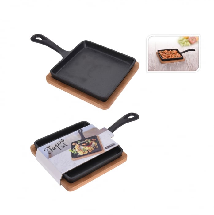 Tigaie servire tapas Excellent Houseware, fonta/bambus, 14x14x3.4 cm, negru/maro [2]