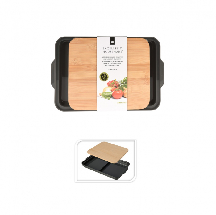 Tocator cu tava Excellent Houseware, bambus/polipropilena, 37.5x24x3.5 cm, maro/antracit [2]