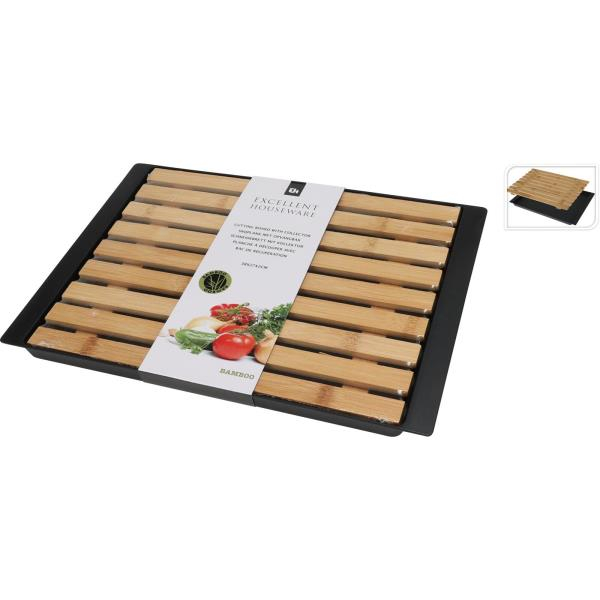 Tocator pentru paine cu tavita Excellent Houseware, bambus/plastic, 33x26x2 cm, maro/negru [5]