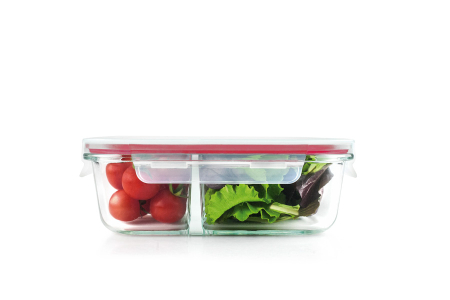 Caserola cu 2 compartimente Ibili, sticla borosilicata, 17.5x12.7x6 cm, 0.6 l, transparent/rosu [2]