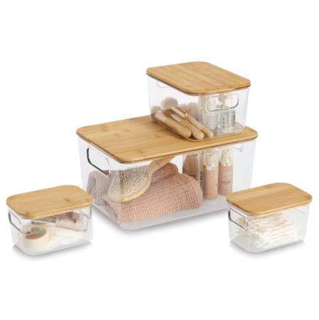 Cutie depozitare Zeller, plastic/bambus, 31x22x15 cm, transparent/maro [1]