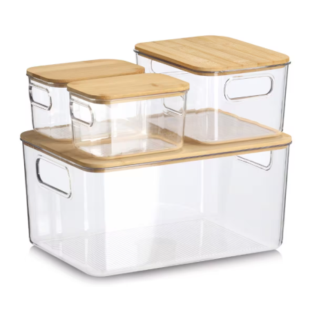Universal - Cutie depozitare Zeller, plastic/bambus, 31x22x15 cm, transparent/maro