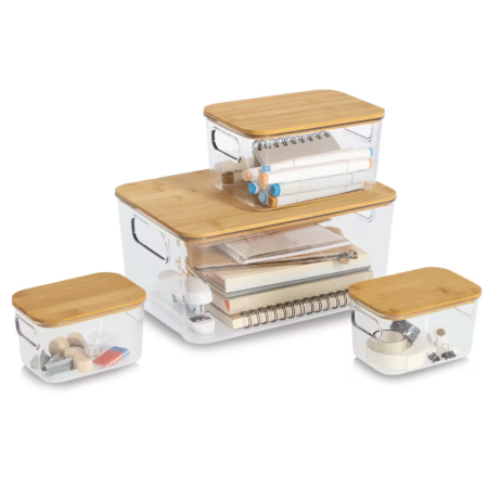 Cutie depozitare Zeller, plastic/bambus, 31x22x15 cm, transparent/maro [4]