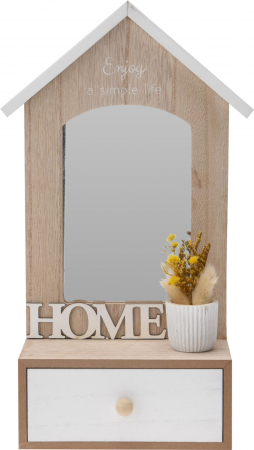 Dulapuri si organizatoare - Decoratiune perete cu oglinda si sertar Excellent Houseware, lemn, 17.5x9x30 cm, maro/alb