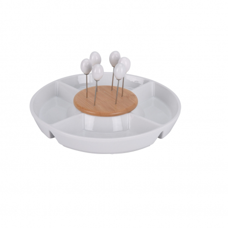Excellent Houseware compartmented serving platter, porcelain/bamboo, 25x3.5 cm, white/brown [0]
