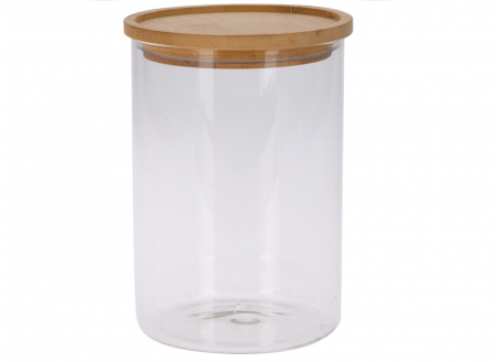 Recipiente si borcane - Recipient depozitare alimente Excellent Houseware, sticla/bambus, 12.5x17.5 cm, transparent/maro
