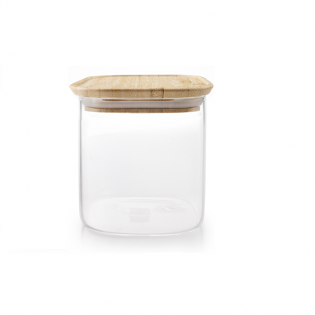 Recipiente si borcane - Recipient depozitare alimente Ibili-Borosilicato, sticla borosilicata/bambus, 11 x11x11 cm,  0.8 l, transparent/maro