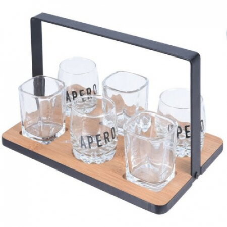 Articole pentru servire - Tava servire 7 piese Koopman, bambus/sticla/metal, 22,5x15,2x14,5 cm, negru/maro/transparent