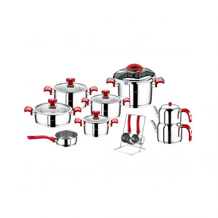Pot sets - OMS 18-piece pot set, 18/10 stainless steel, silver/red