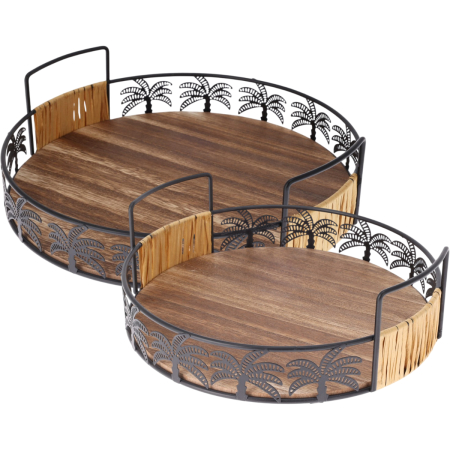 Platouri servire - Set 2 tavi servire Excellent Houseware, lemn/metal, 25/30x8.2 cm, maro