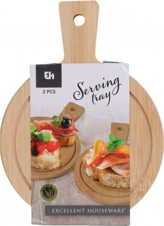 Tocatoare de bucatarie - Set 2 mini tocatoare cu maner Koopman International, bambus, 19 cm, maro, rotund