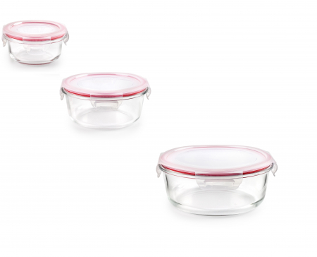 Caserole - Set 3 caserole Ibili-Borosilicato, sticla borosilicata, 220/650/1300 ml, transparent/rosu