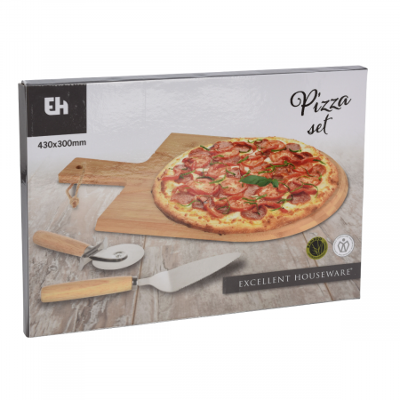Prese, tocatoare si feliatoare alimente - Set 3 ustensile pentru pizza, bambus/otel inoxidabil, 43x30 cm, maro/argintiu