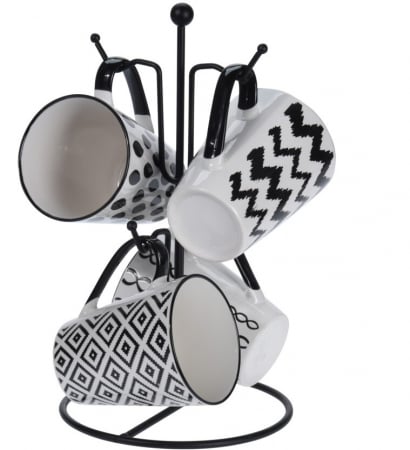 Set of 4 Excellent Houseware mugs with stand, porcelain/metal, 8.5x11.5x10.5 cm, white/black [0]