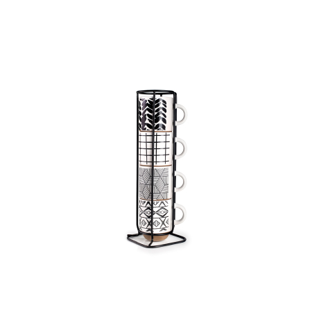 Cani - Set 4 cani cu suport Ibili, ceramica, 6x7.5 cm, 130 ml, alb/negru