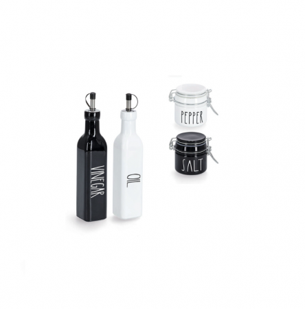 Recipiente condimente - Set 4 recipiente depozitare condimente Zeller, sticla/metal, 270/100 ml, alb/negru