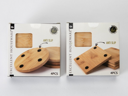 Set 4 suporturi pahare Excellent Houseware, bambus, 10x10 cm, maro, patrat [3]