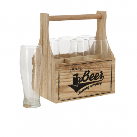 Set 6 pahare bere cu suport Excellent Houseware, lemn paulownia/sticla, 23.5x15.5x27.5 cm, maro [0]