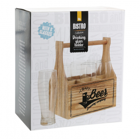 Set 6 pahare bere cu suport Excellent Houseware, lemn paulownia/sticla, 23.5x15.5x27.5 cm, maro [1]