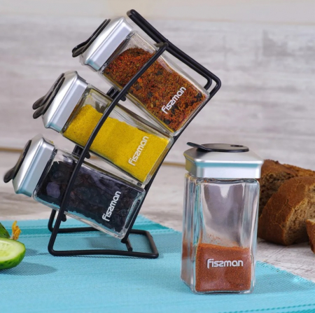 Set 6 recipiente depozitare condimente Fissman, sticla/otel inoxidabil, 5x5x10 cm, transparent [1]