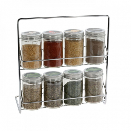 Recipiente condimente - Set 8 recipiente depozitare condimente cu suport  Excellent Houseware, sticla/metal, 23x24 cm, transparent/argintiu