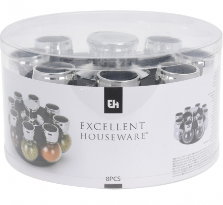 Set of 8 Koopman-Excellent Houseware spice storage containers, glass/stainless steel/plastic, black/silver [4]
