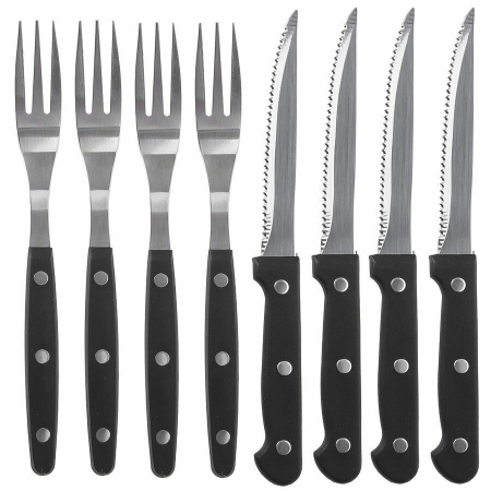 Ustensile gratar - Set 8 tacamuri pentru friptura BBQ, otel inoxidabil/plastic, 19/21 cm, argintiu/negru