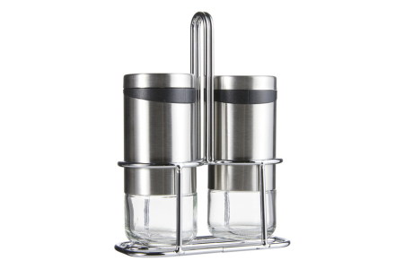 Set doua recipiente sare si piper cu suport Zeller, sticla/otel inoxidabil, 5x11 cm, 220 ml, argintiu [1]