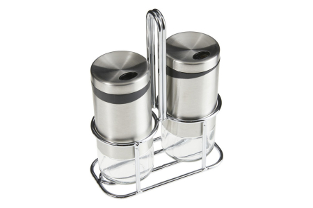 Oliviere si solnite - Set doua recipiente sare si piper cu suport Zeller, sticla/otel inoxidabil, 5x11 cm, 220 ml, argintiu